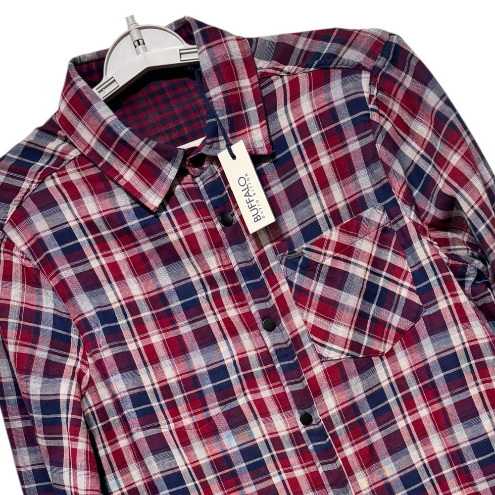 Buffalo David Bitton Reversible Plaid Snap Up Shirt Casual Red Blue Mens Large